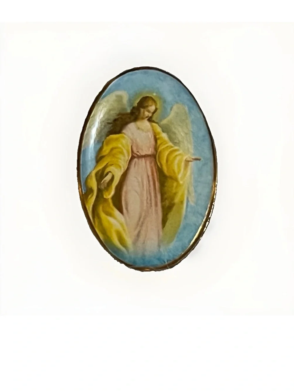Vtg Guardian Angel Enamel Brooch Lapel Pin Oval Gold Tone Religious Christian